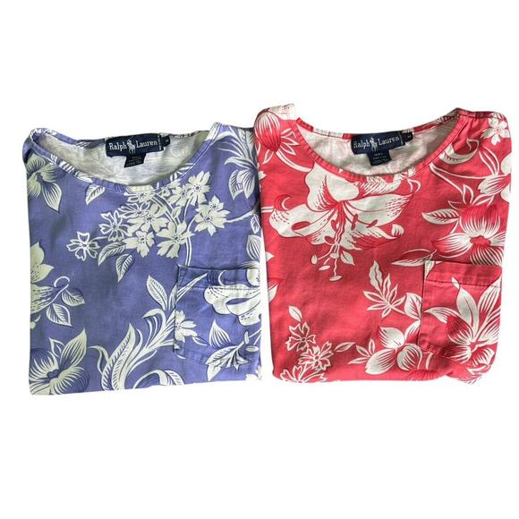 Vintage Ralph Lauren Lot of 2 Pocket Tee Size M 100% Cotton Floral Pink Purple - Picture 1 of 12